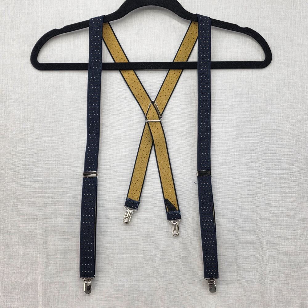 Mens Suspenders Navy Gold Polka Dot Silver Clips Y Back Gatsby Speakeasy GQ